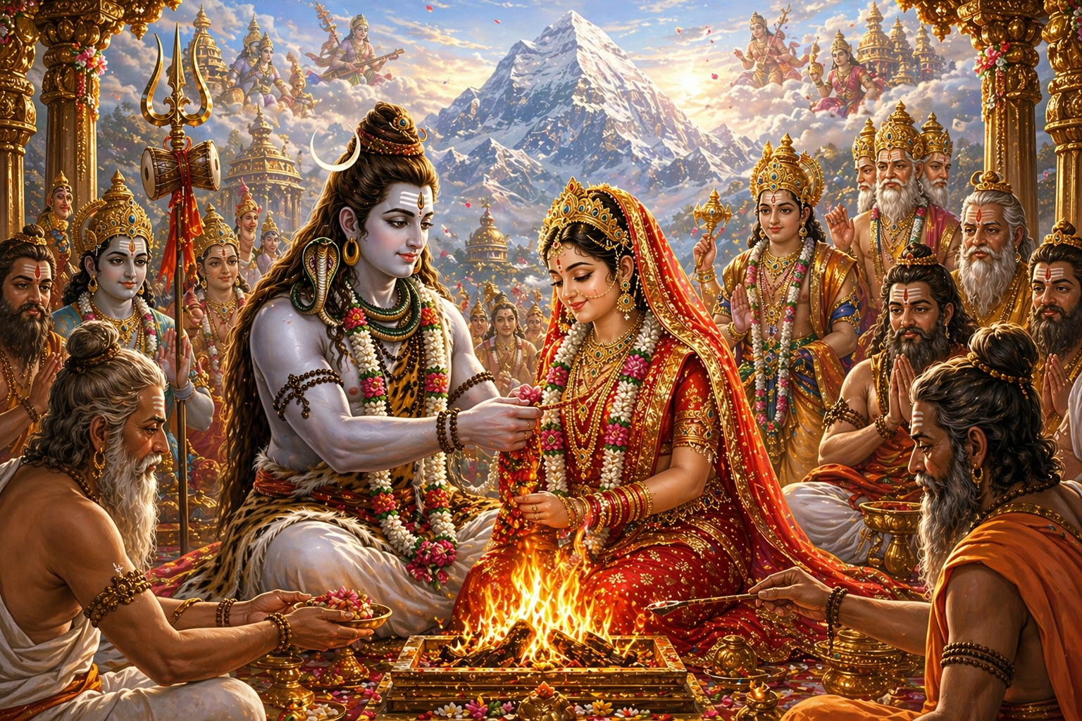 Shiva Parvati grand wedding ceremony panoramic view sacred fire sages gods Himalayan mountains golden hour HD wallpaper